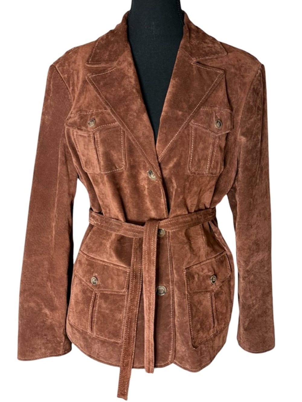 GUILLAUME Brown Washable Suede Jacket Removable Tie Belt Buttons Size Large